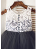 Ivory Lace Dark Gray Tulle Knee Length Flower Girl Dress